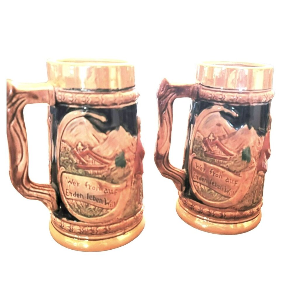 Vintage Japanese Beer Steins Mugs Set of 2 Collectible Barware JH1343